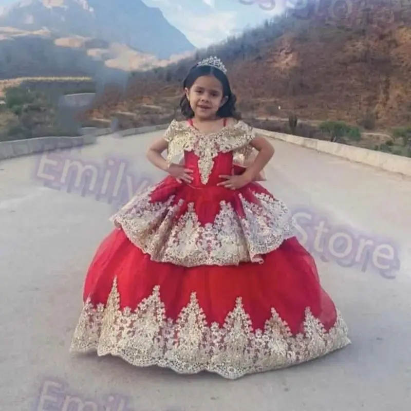 

Customized Red Flower Girl Dress For Wedding Gold Lace Puffy 3d Applique Elegant Kids Birthday Party First Communion Gown