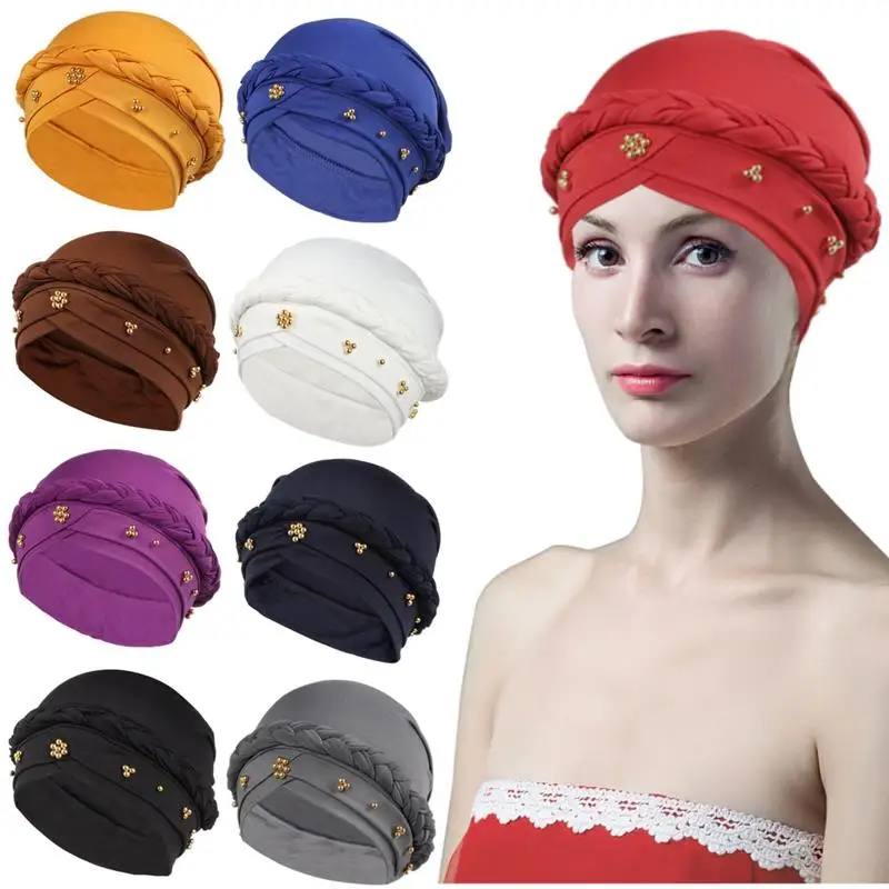 

9Pcs Women Turban Braid Headscarves Braided Turban Head Wraps Twisted Braid Turban Caps Beaded Wrap Hats For Women With Pearls