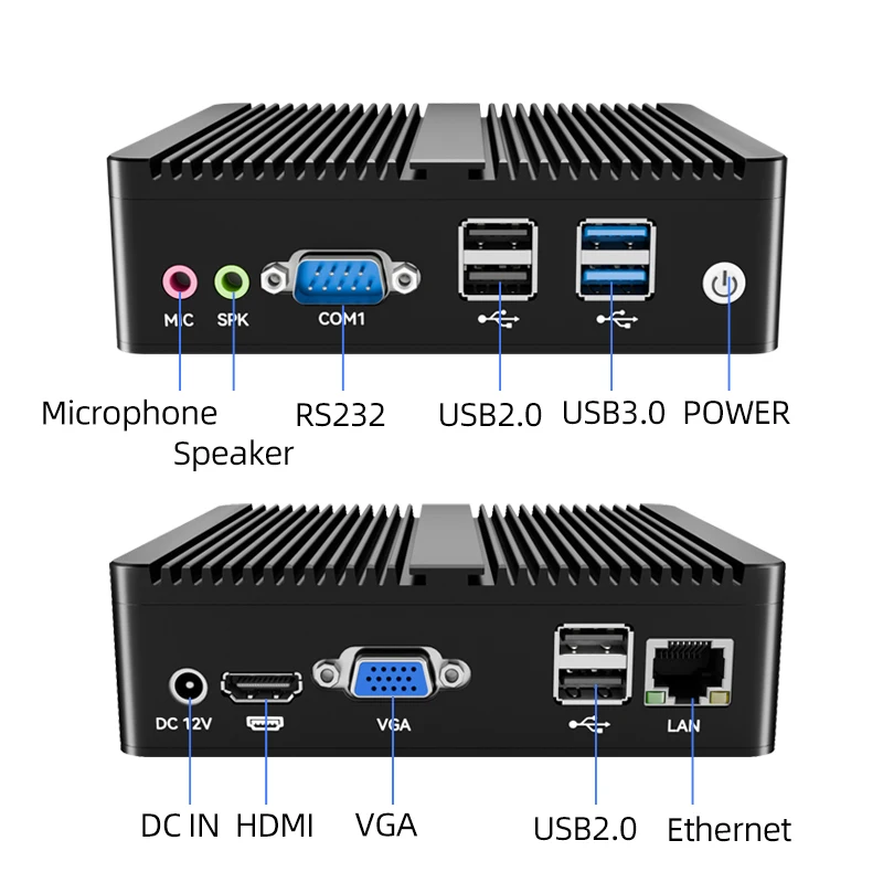 Mini PC sin ventilador Intel Celeorn N2815 COM RS232 Gigabit Ethernet HDMI VGA 6xUSB 300M WiFi integrado IPC Windows Linux Ubuntu
