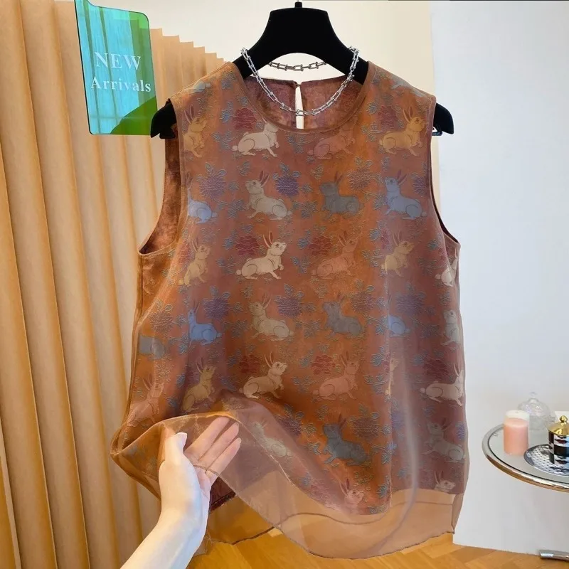 

New Chinese Style Sleeveless Tops Mujer 2025 Summer All-match Vest Shirt Coat Women Y2k O-neck Vintage Print Shirts & Blouses