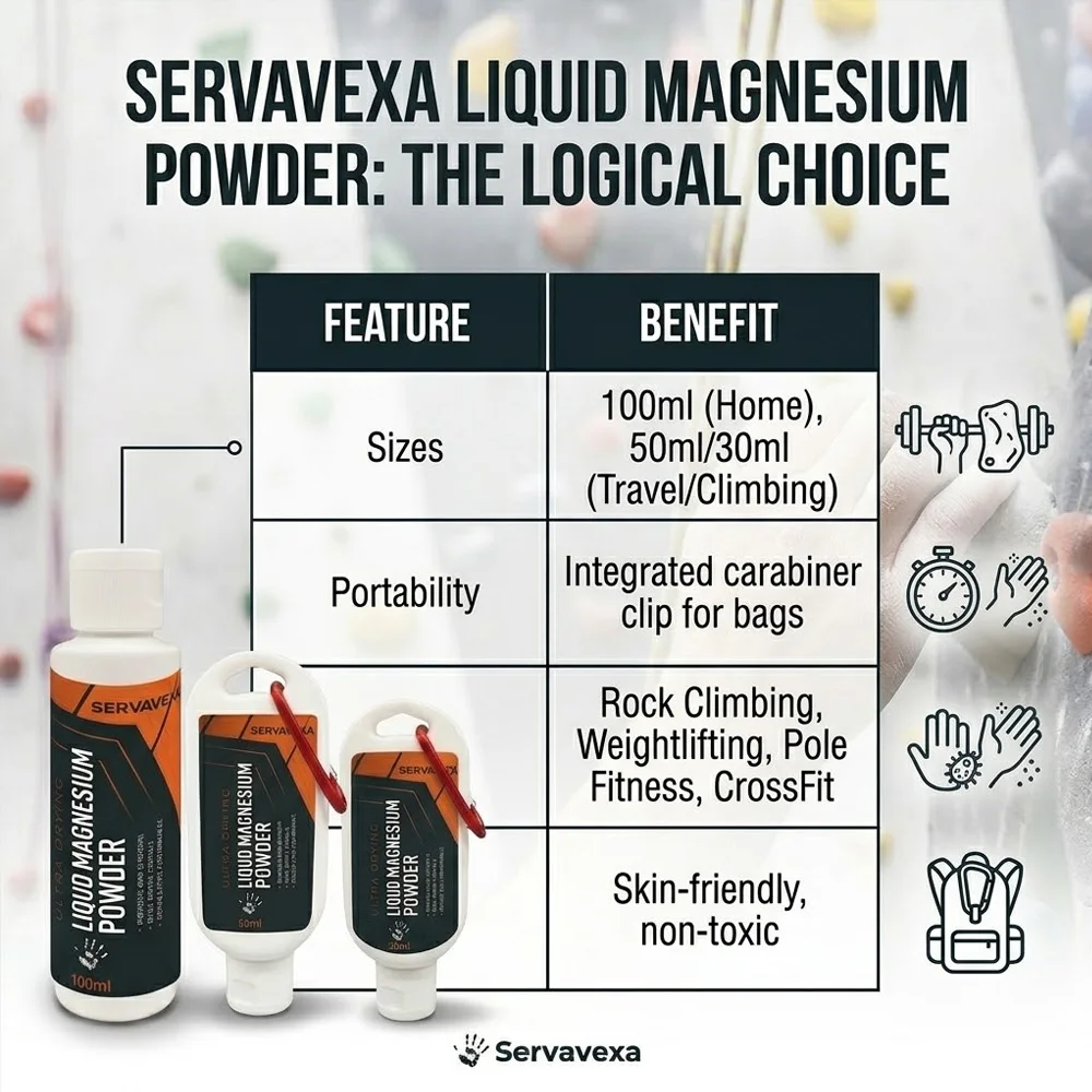 SERVAVEXA Quick Drying Liquid Chalk 100ml/50ml/30ml Anti-Slip Magnesium Powder for Gym Weightlifting Rock Climbing Grip