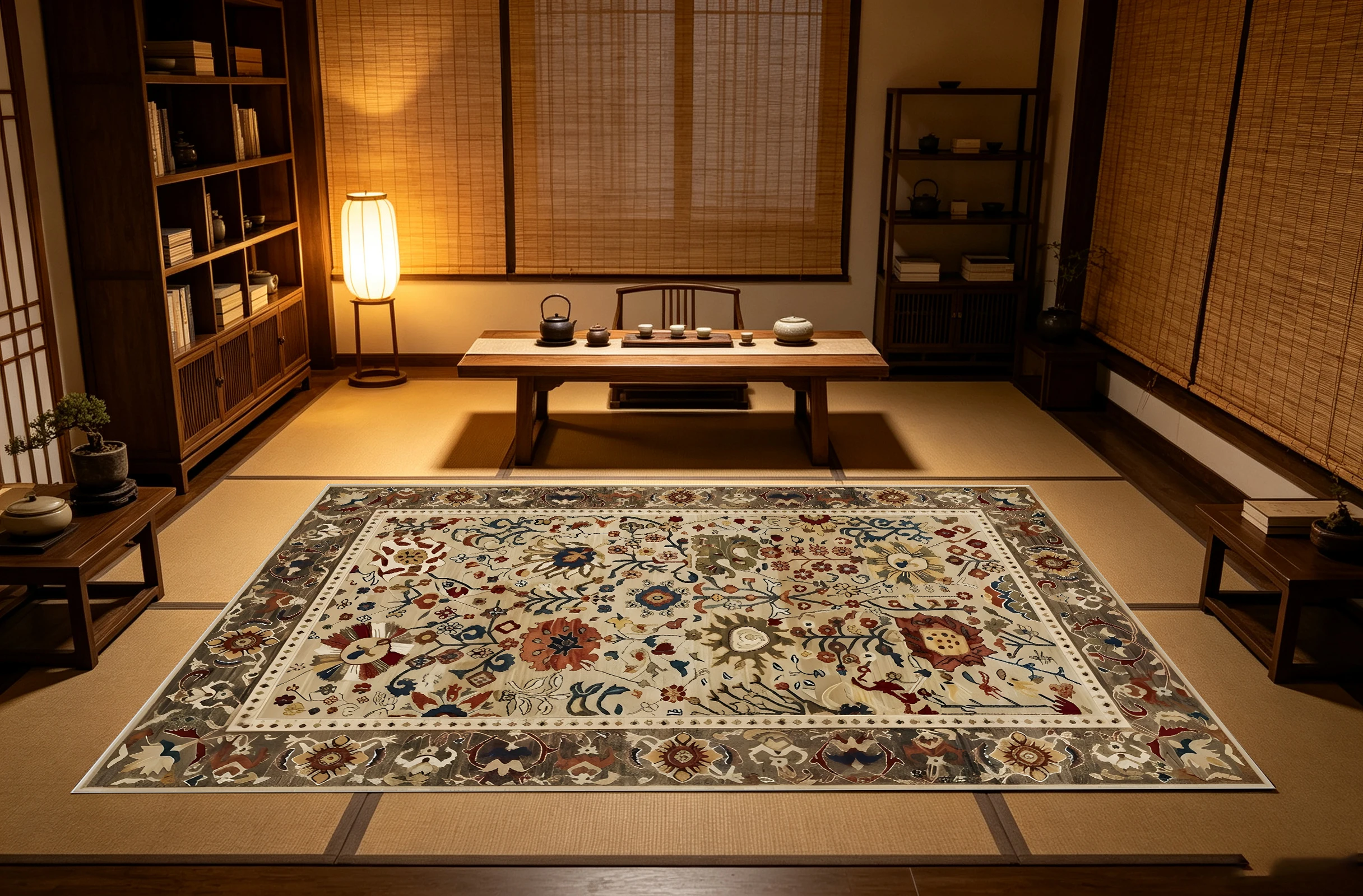 2D Large Rug in Warm Beige-Brown with Vintage Persian Floral Pattern Comfortable for Living Rooms & Bedrooms. Enhances