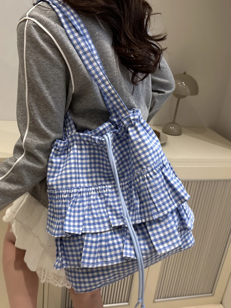 

2025 New Fashionable Plaid Bucket Shaped Nylon Pleated Women Bag Simple And Versatile College Style Student Shoulder Bags Trendy
