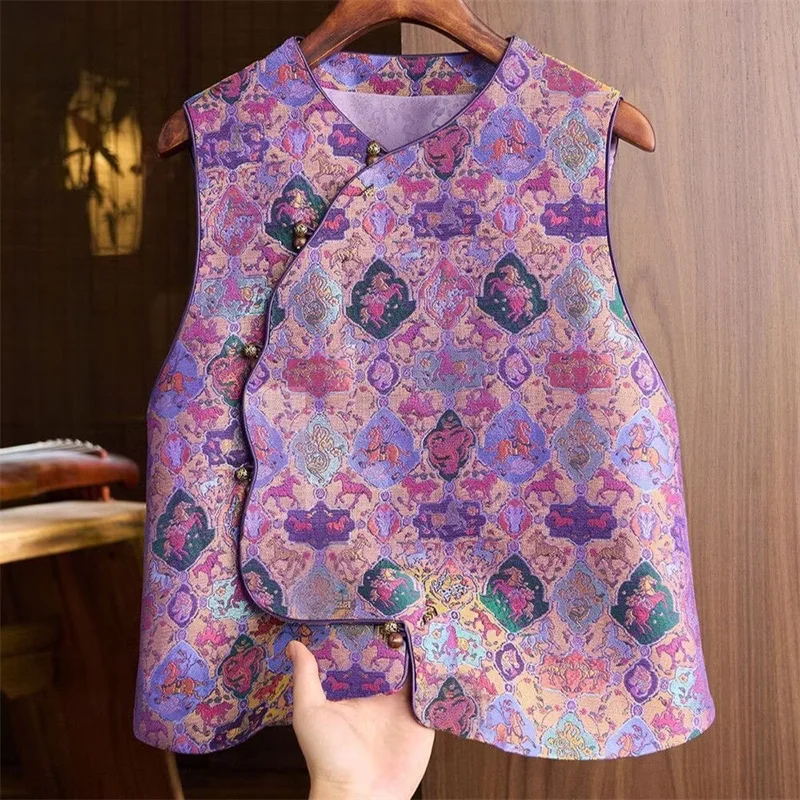 Women's Vest Fashion Round Neck Buckle Sleeveless Retro Purple Joker Jacquard Vest Jacket Women Spring  Sleeveless  Vest Jacket