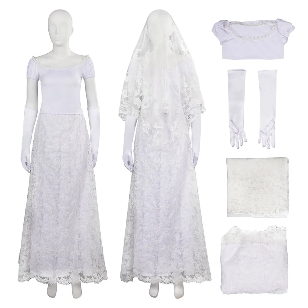 

Movie Haunted Cos Mansion Ghost Bride White Wedding Long Dress Cosplay Costume Outfits Female Halloween Carnival Party Suit