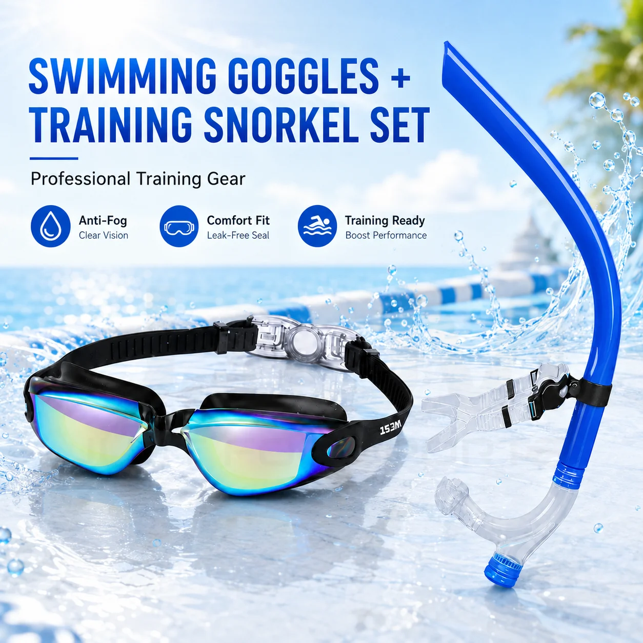 JSJM New 4PCS Swimming Goggles Front Training Snorkel Set Anti-Fog UV Protection Leakproof Professional Swim Gear for Adults