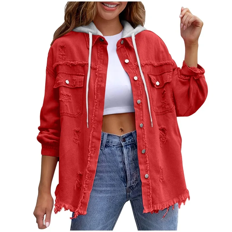 2026 Loose Jeans Coat Women Hooded Denim Blouse Spring Autumn Frayed Hole Jackets Multicolor Shirt Style Jean Outerwear