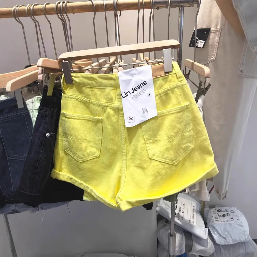 Lemon Yellow Denim Shorts Women's 2025 New High Waist Wide Legs Thin Hot Pants Jean Shorts