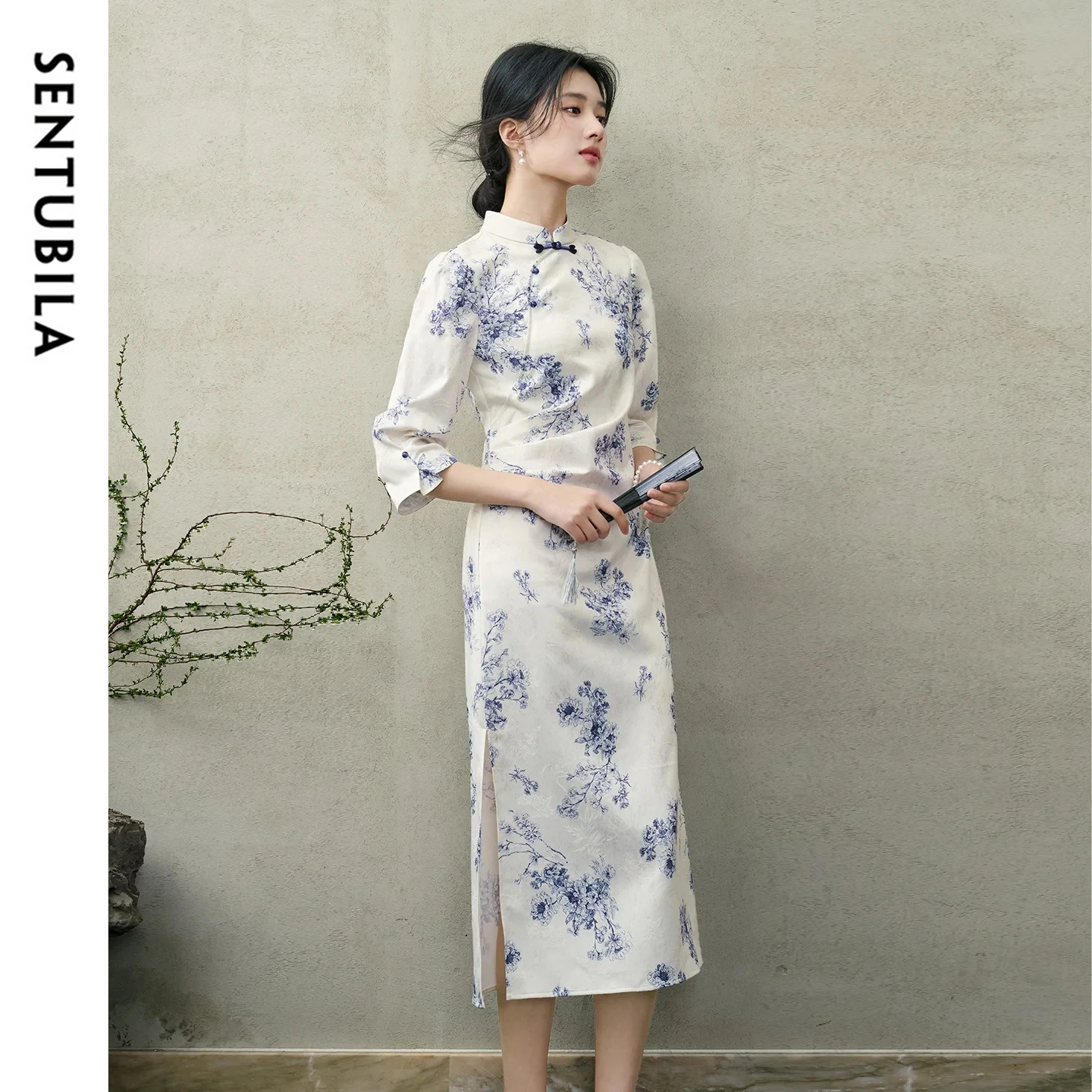 

SENTUBILA Women's Print Dress New Chinese Style Stand Collar Frog Button Asymmetrical Puff Sleeve 3/4 Slit Long Dress 161LV5710