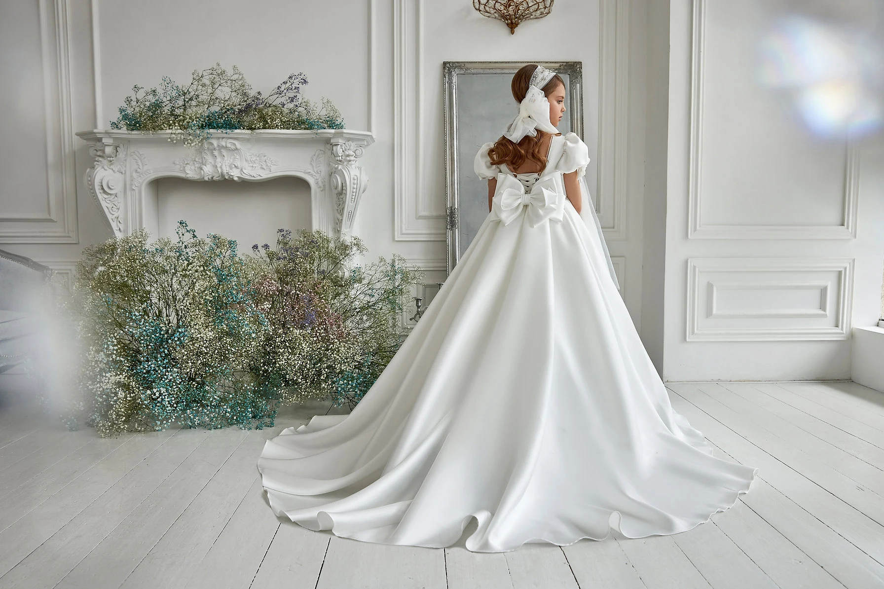 Vestido bohemio de flores para niña, para boda, satén blanco, manga corta con lazo grande, vestido de fiesta de cumpleaños para niños, vestidos de baile de primera comunión