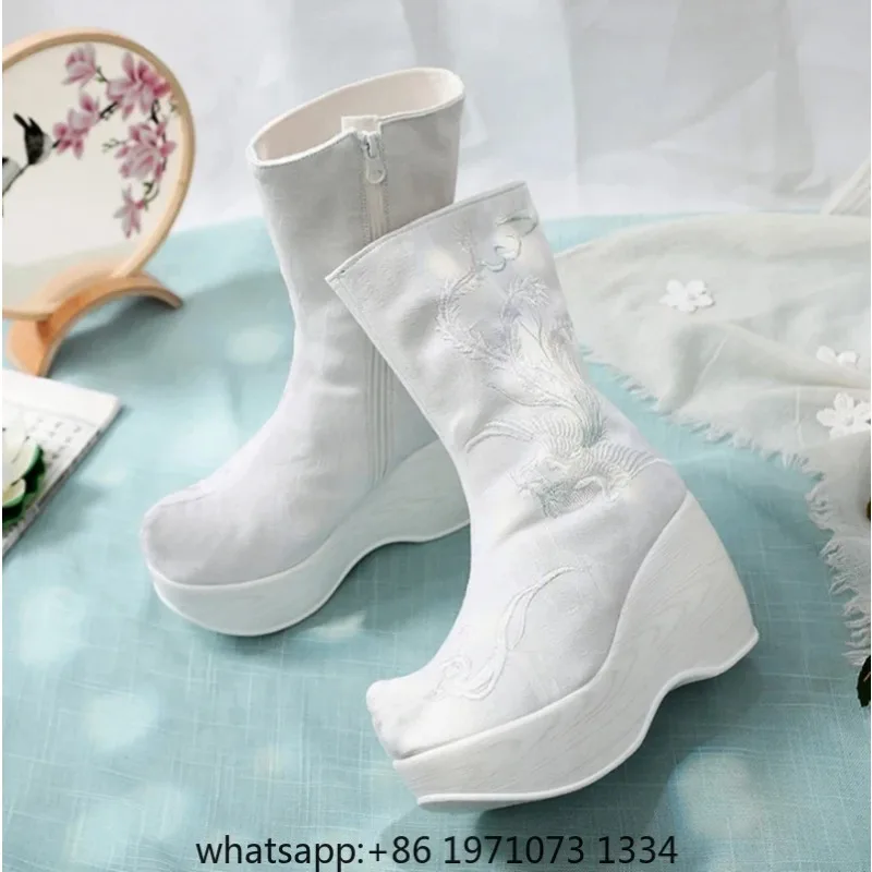 Chinese Hanfu Embroidered Boots Shoes Women Winter Vintage Hanfu High Heighten White Bow Soap Boots Shoes For Women Plus Size