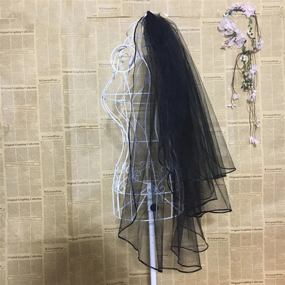 1 قطعة ريترو أسود طويل الشريط العروس طرحة زفاف حافة العروس خوذة للنساء الزفاف إكسسوارات الشعر الحجاب الأسود الزفاف #6