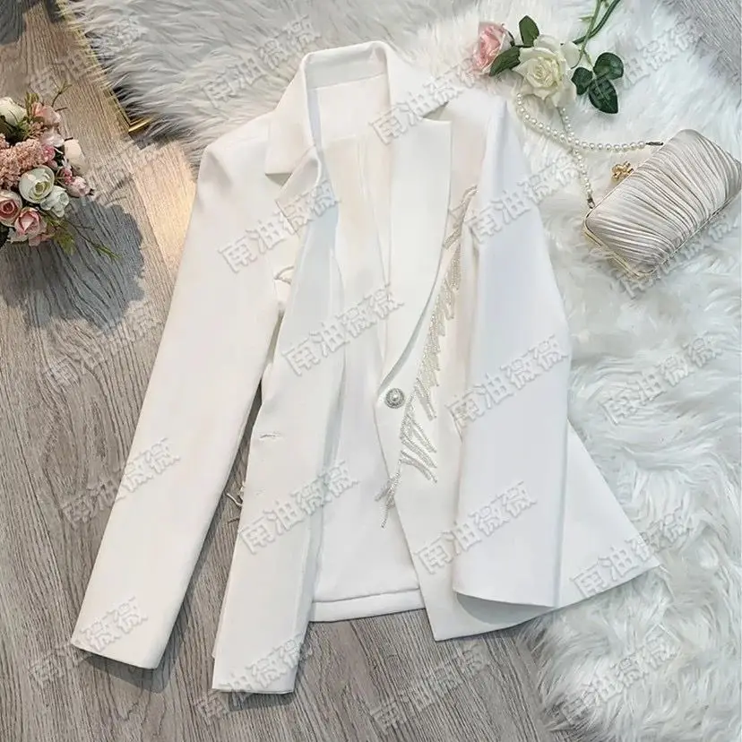 Pink Woman Blazers Tassel Bead Heavy Industry Handmade Jacket Spring/Summer Fashion Temperament Slim Suit Simple Women Blazers