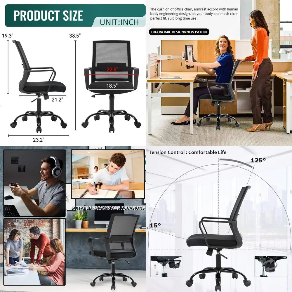 

Adjustable Ergonomic Mesh Swivel Chair with Lumbar Support for Men & Women (Black)