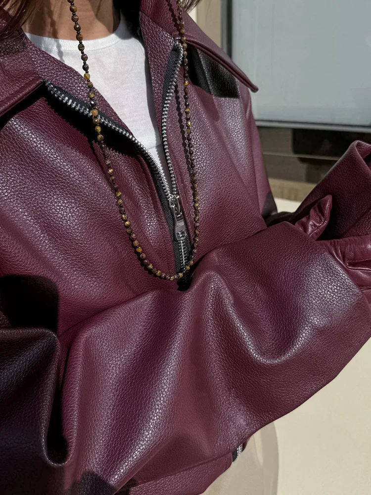 UCXQ Fashion PU Jacket European Style Lapel Zipper All Match Loose Casual Street Tide Leather Coat Women 2024 Spring Autumn 1522