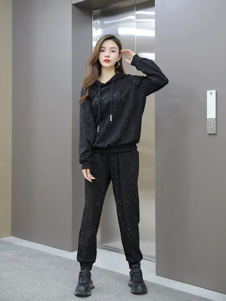 Fashion Suit Women's Over Size 2024 Spring New Rhinestone Slimming Loose Youthful-Looking Long Sleeve Solid Color Two-Piece Set