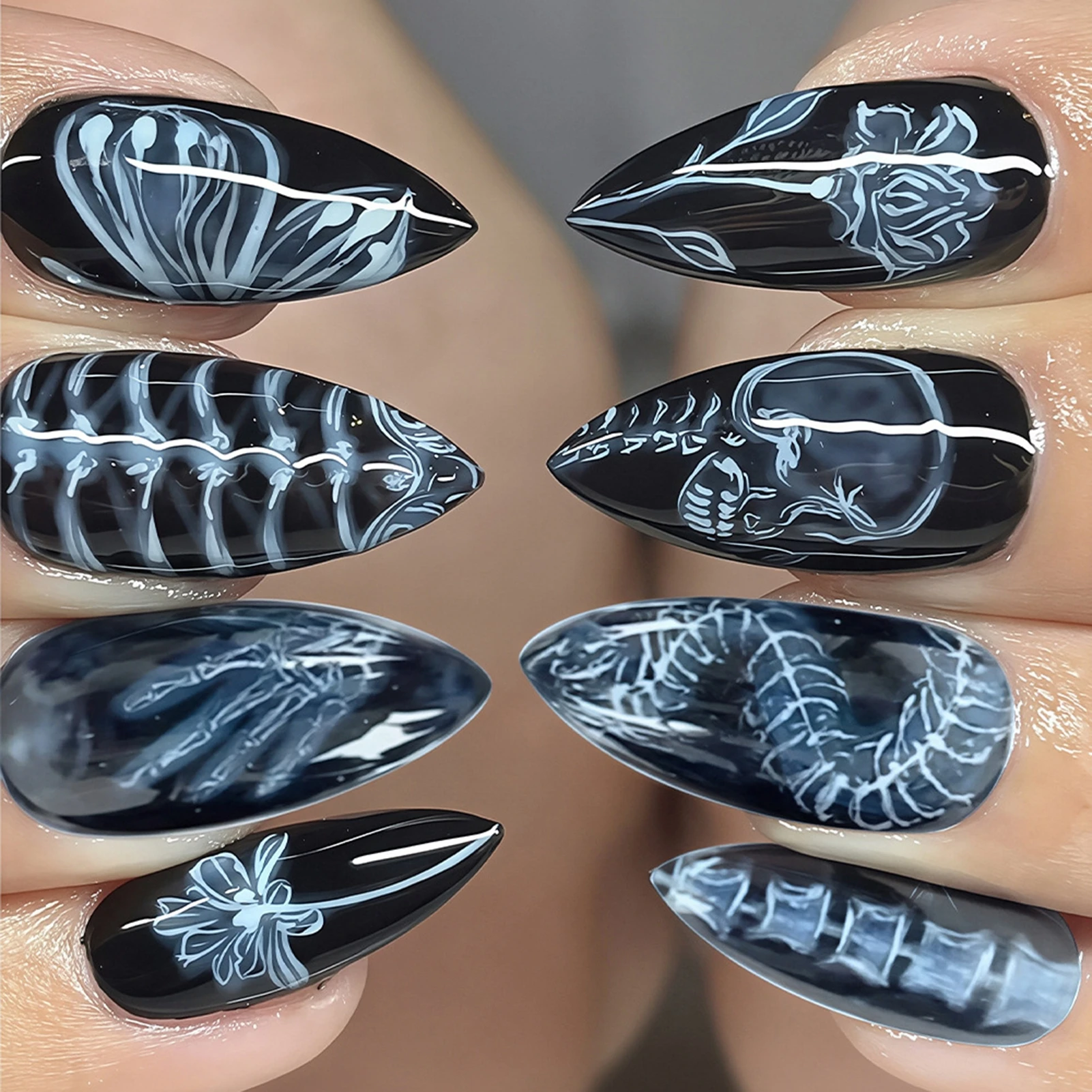 Resin Press on Nails for Halloween Party Women Blue Skull Flower Butterfly Almond False Nails Waterproof Durable Gel Polish