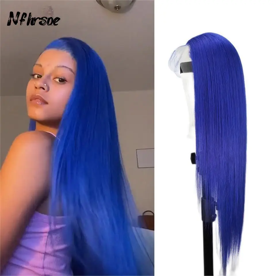 Highlight 13X4 Transparant Lace Frontale Pruik Blauw Gekleurd Recht Kant Front Pruik Lijmloze Pruik Menselijk Haar Voor Vrouwen Pre Geplukt