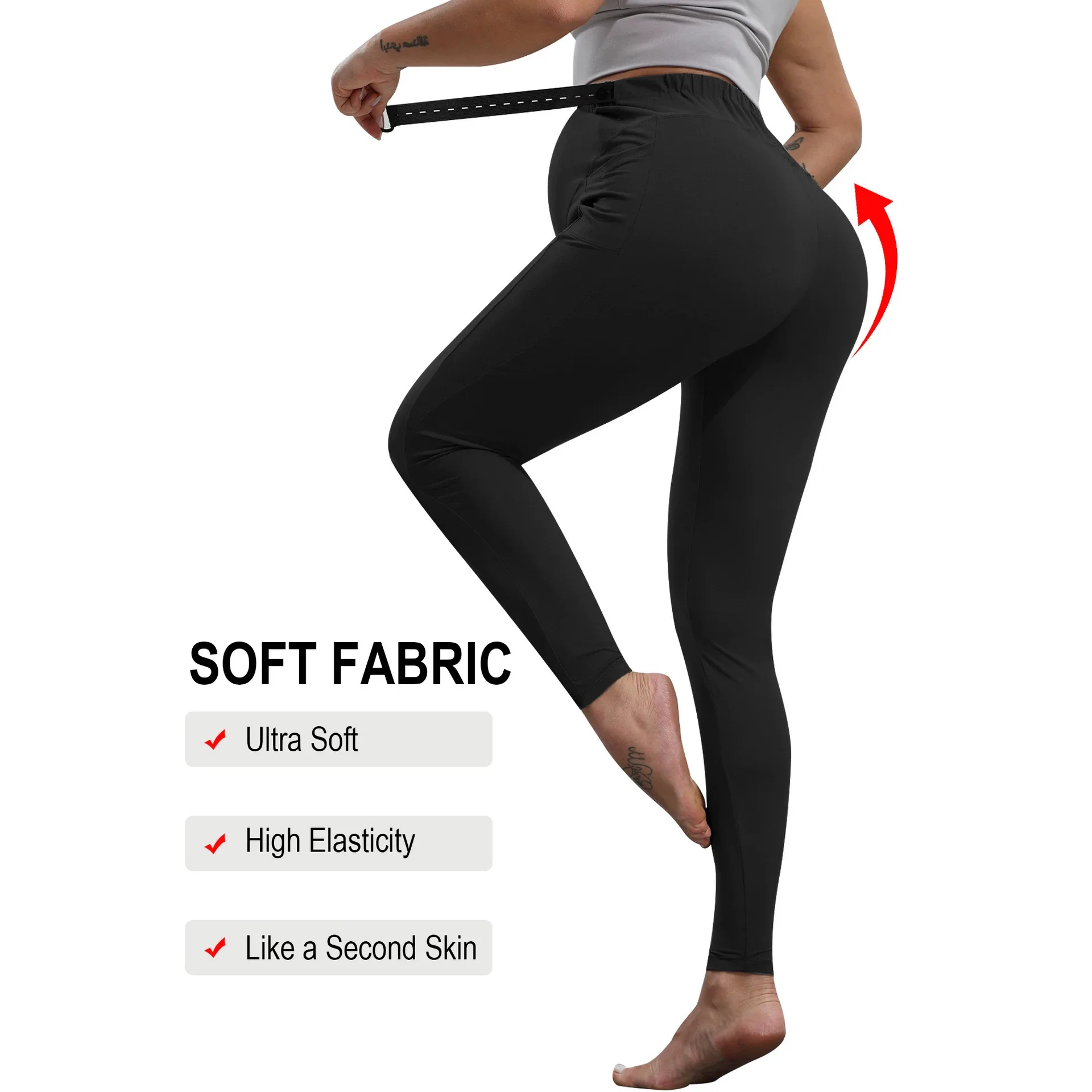 Women Maternity Yoga Pants Side Pockets High Waist Adjustable Waistband Belly Support Stretch Workout Pregnancy Leggings