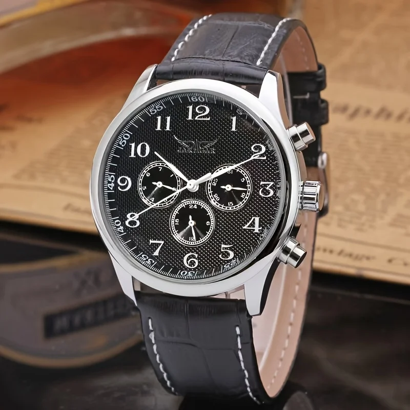 Top-Tier Luxury Business Men's Mechanical Watch, Skeleton Design, Leather Strap, Three-Eye Six-Hand Multifunctional Fully Automatic Mechanical Watch, Men's Watch with European, American, Japanese, and Korean Style, Fashionable, Casual, Versatile, Suitable for Social Guys, the First Choice for Gift Giving