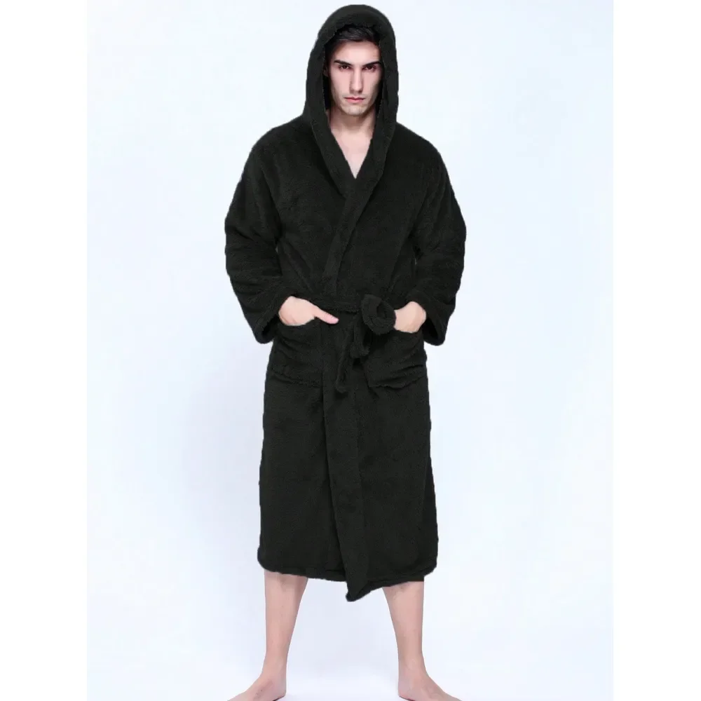 

Solid Color Flannel Robe, Long Robe, Sleepwear, Hooded, Soft, Comfortable, Warm, With Pocket, Belt, Unisex, Suitable For 175cm1