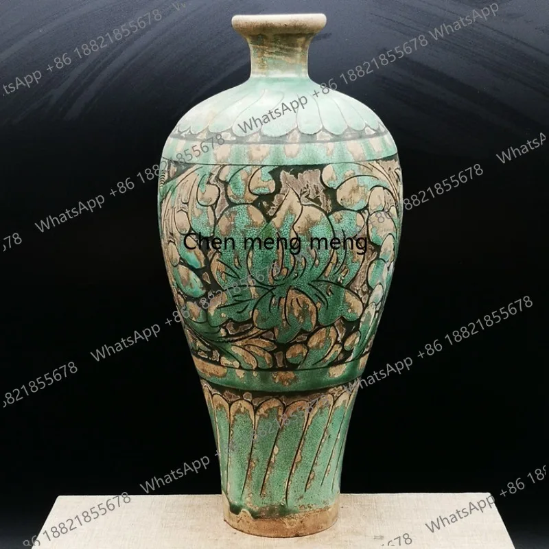 Kiln green glaze engraved peony plum vase, old goods and old objects, porcelain ornaments