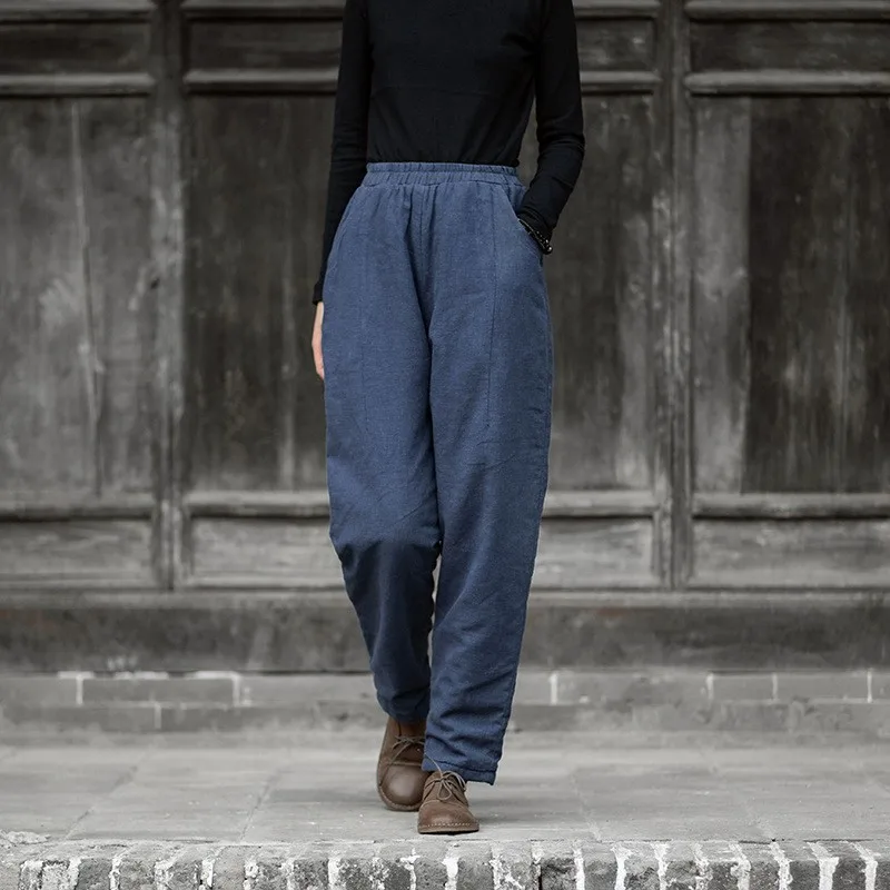 

Утепленные хлопковые льняные брюки женские, с художественным пэчворком, утягивающие, зимние, повседневные, в стиле ретро, с завышенной талией, свободного кроя