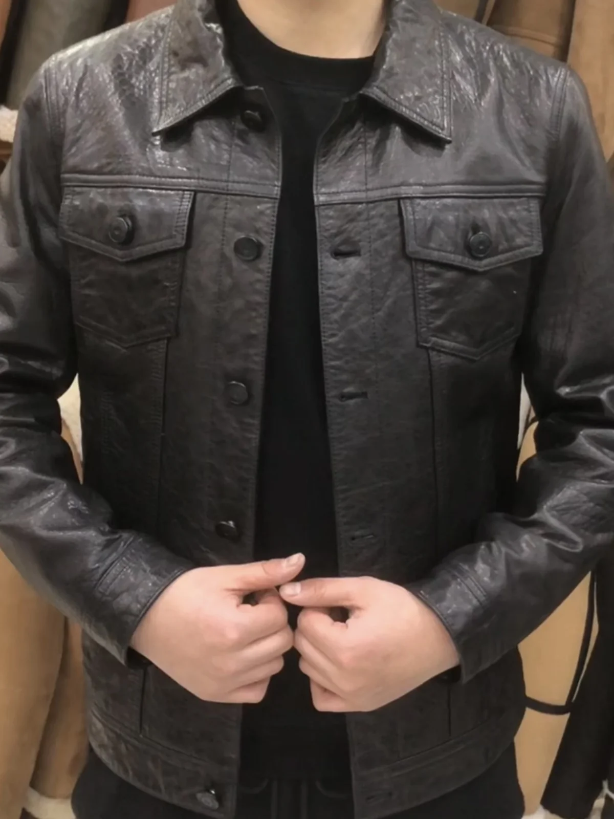 

Faionable Casual Oil Wax Cowhide Jaet CP40 Spring Autumn Sle Busin Casual Regular Length Button Closure Leather Coat