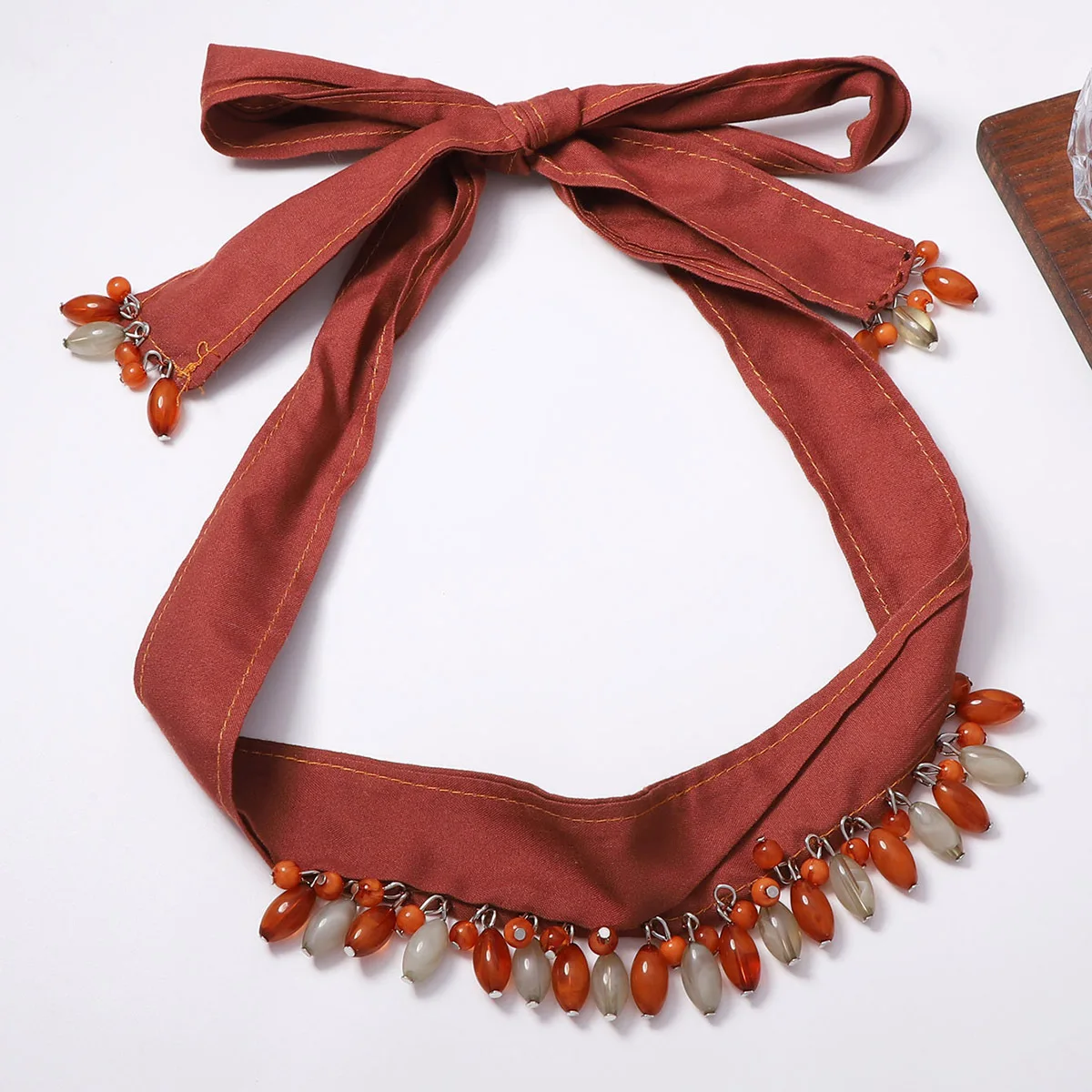 Bohemian  Wine Red Ribbon-Tied Brown and Gray Drop Pendant Necklace