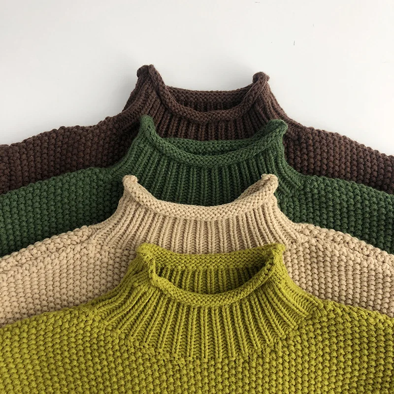 HoneyCherry Autumn Retro Knitted Turtleneck Pullover Sweater Boys Knitwear Solid Color Long Sleeve Sweater Girls Sweater