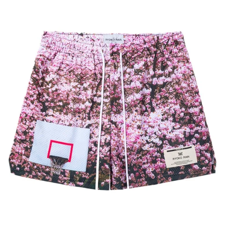 American trendy Rain cherry blossom style shorts for men and women with mesh quick drying and loose fit, oversized knee length b