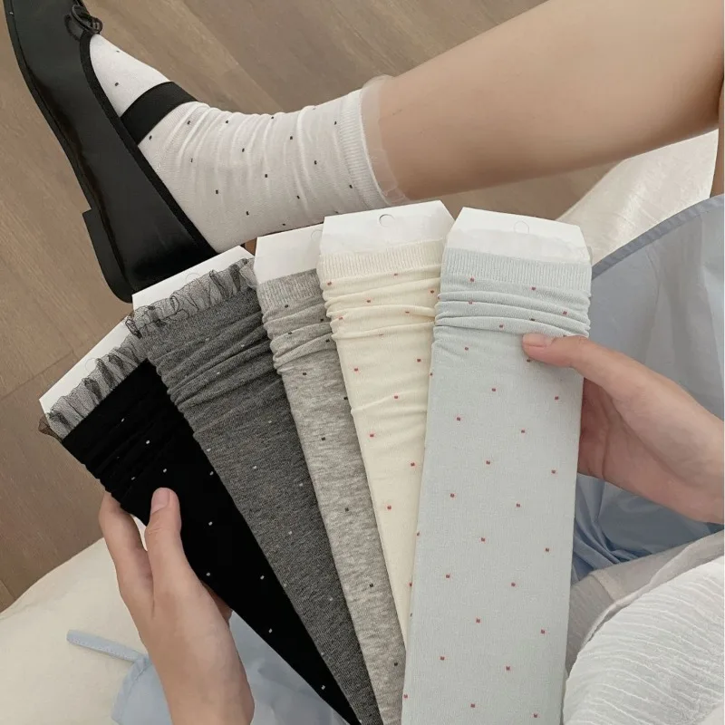 Women's 5-Pack Polka Dot Slouch Calf Socks Tulle Ruffle Edge Soft Cotton Frilled Balletcore Daily Casual Sweet Wear