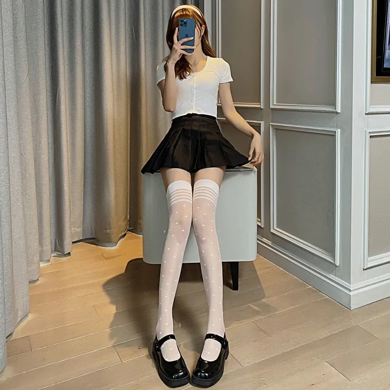 Calcetines largos de nailon transparente ultrafinos para mujer, medias altas hasta el muslo JK Lolita, calcetines hasta la rodilla de lunares de estilo japonés