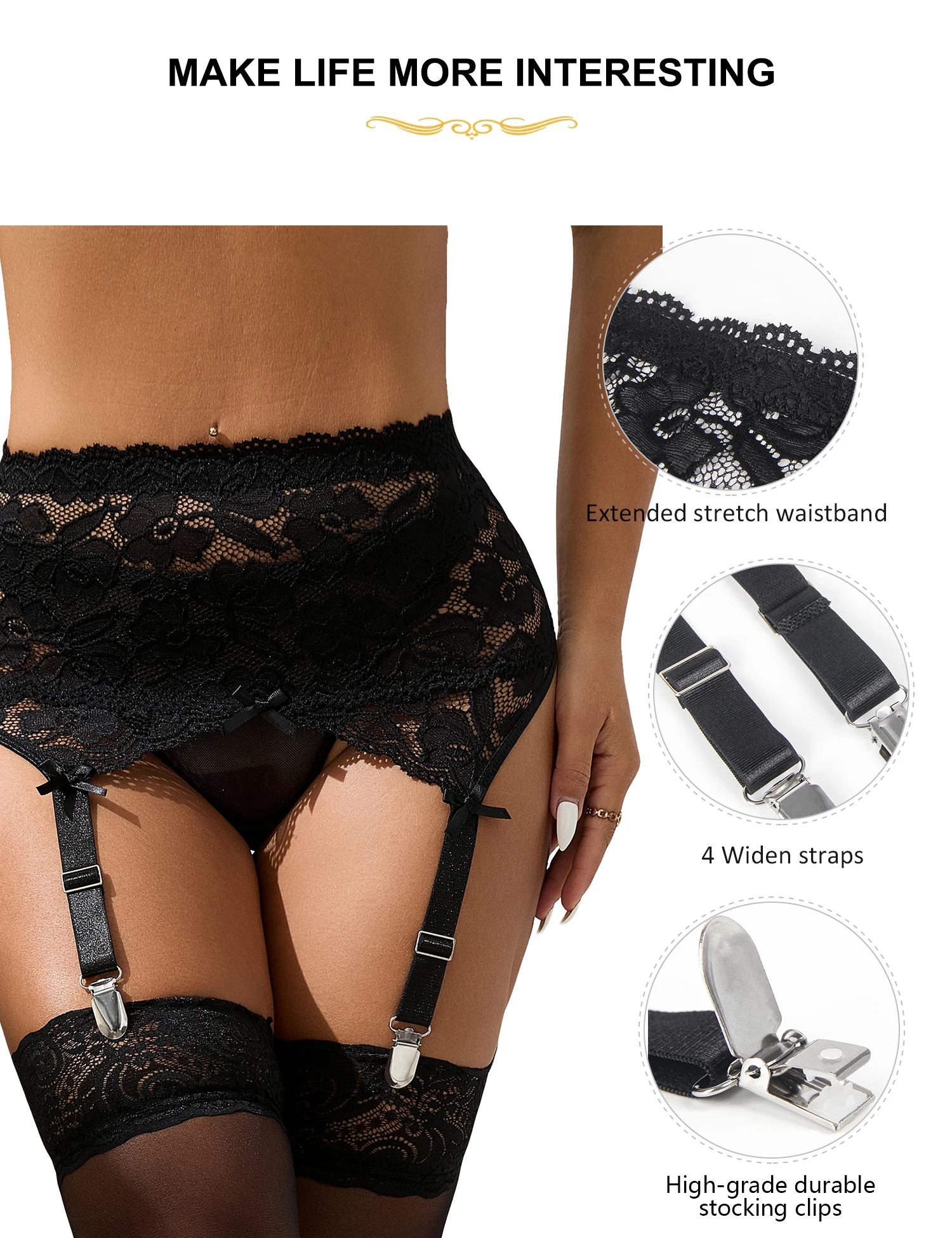 Ohyeahlady Women Black Suspenders Wedding Plus Size Lace Sexy 4 Straps Elastic Bride Lingerie Girdles Garter Belts for Stockings