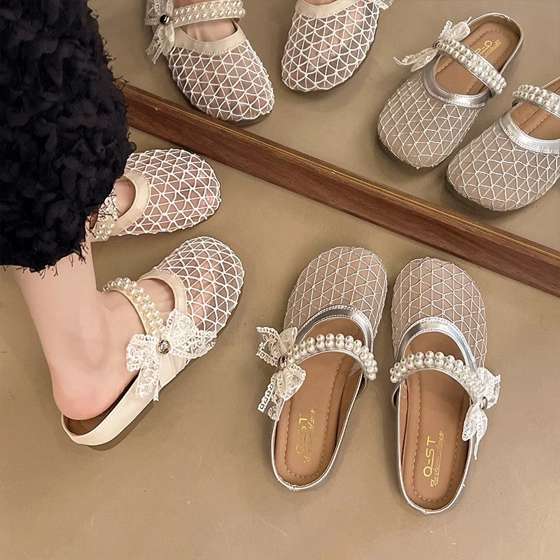 Zapatillas de malla transpirables Baotou para mujer, ropa exterior de verano, moda francesa Mary Jane Cool Drag, novedad de 2025
