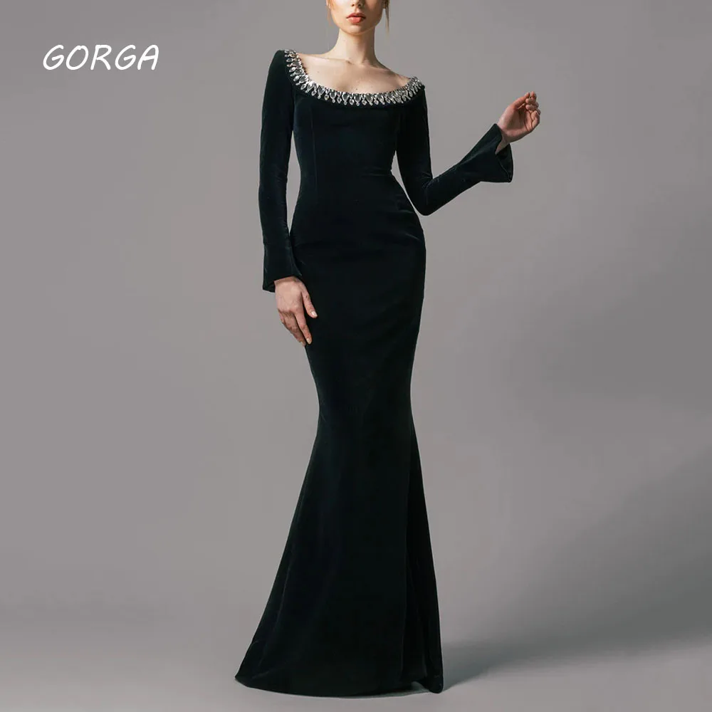 

GORGA Black O-Neck Beading Mermaid 2024 High Quality Slim Velour Ocassion Gown Floor-Length Evening Dress فستان سهرة نسائي