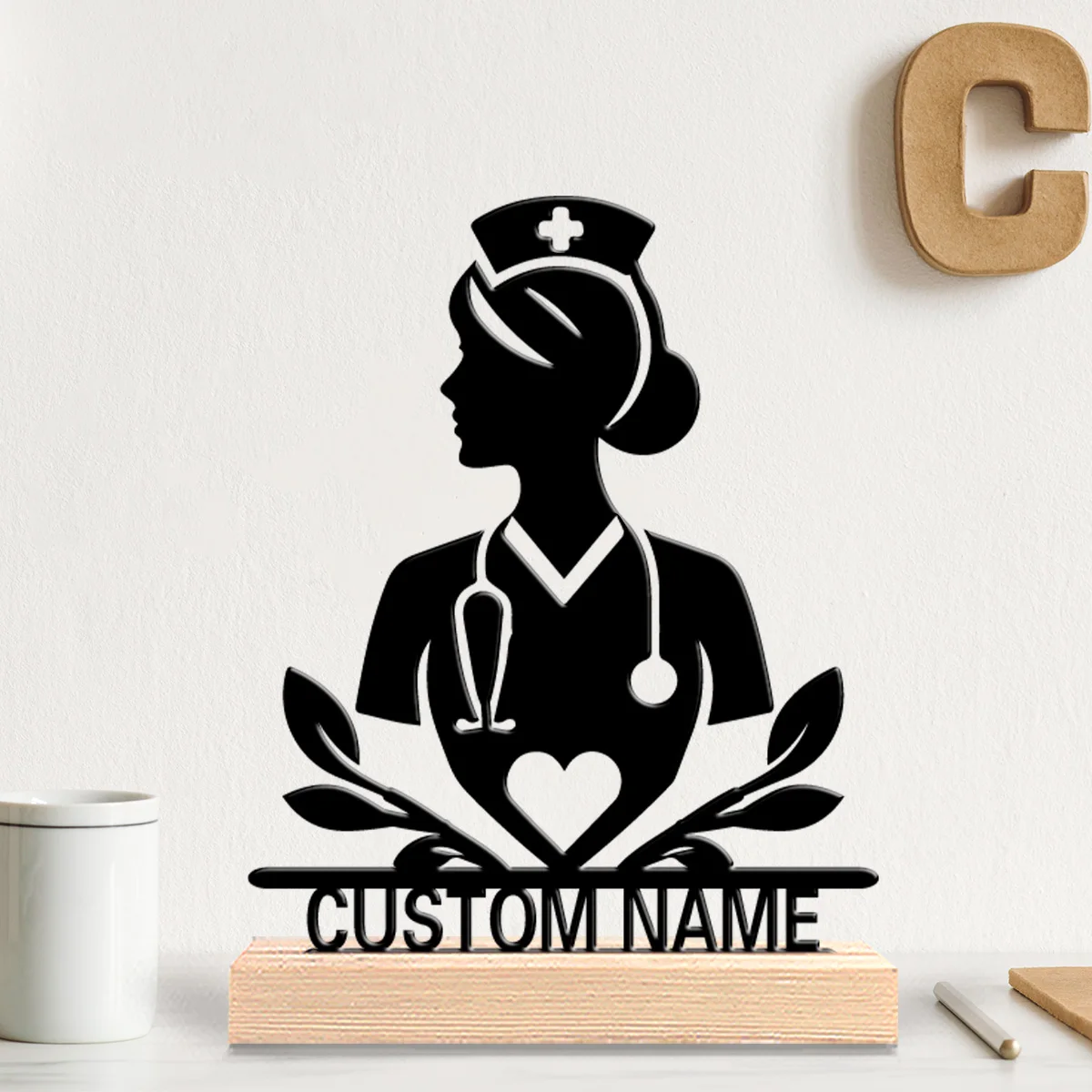 1pc Stylish Personalized Custom Nurse Metal Statues Metal Art With Wooden Base Medical Staff, Desktop Decorative Art, Office Dec