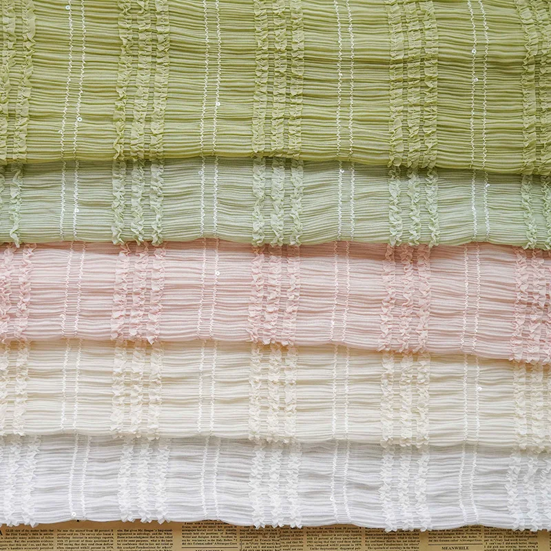 Tessuto chiffon elasticizzato pieghettato a righe in 6 colori, pizzo chiffon ricamato con paillettes increspate per abito da ragazza, matrimonio, abito estivo