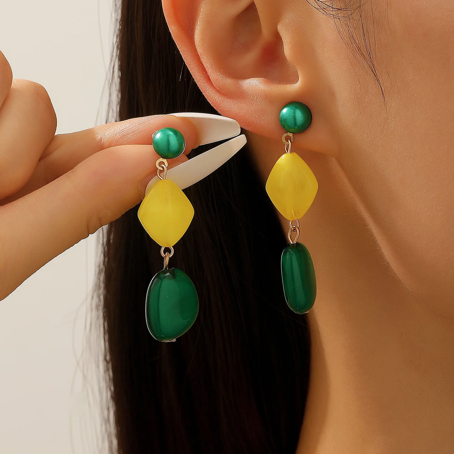 

Yellow Green Color Block Drop Earrings Women Long Statement Jewelry Geometric Elegant Chic Style Party Accessory