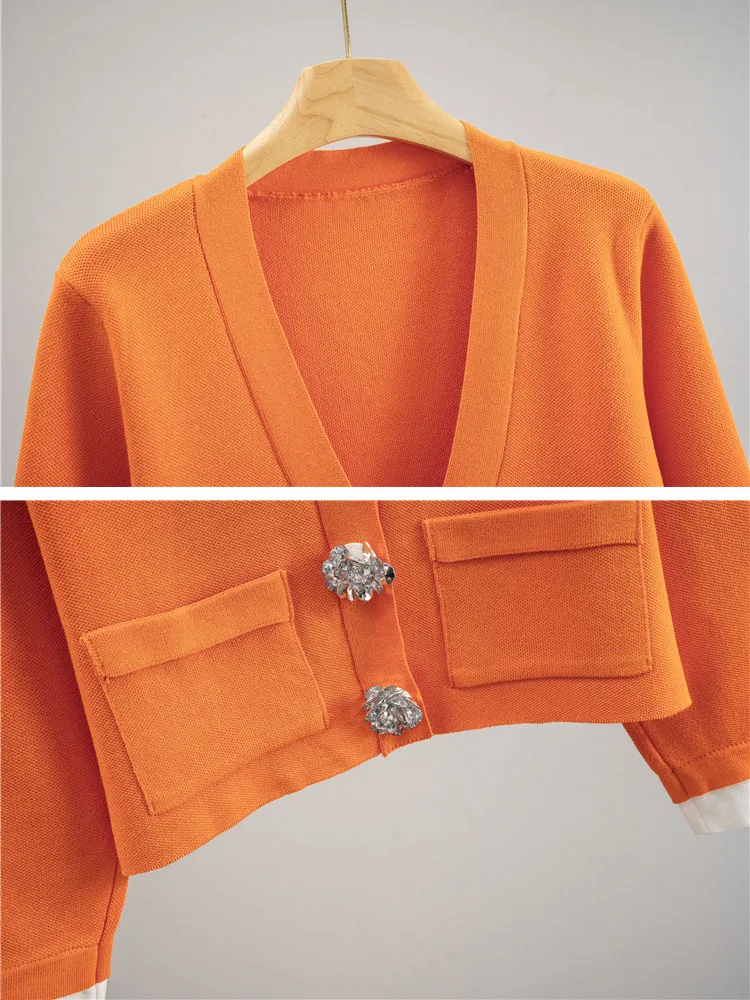 الكورية تصميم محبوك 2 قطعة مجموعات النساء زر كبير الخامس الرقبة طويلة الأكمام سترة القمم Conjuntos عالية الخصر بنطال ذو قصة أرجل واسعة الزي