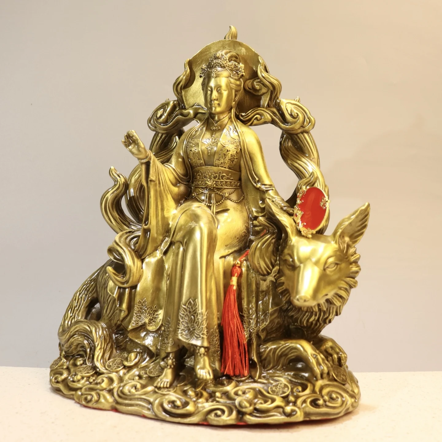 Old Brass fox spirit immortal nine-tailed fox Sitting Buddha Yuanbao coin base Study screen Amass wealth Town house Exorcism