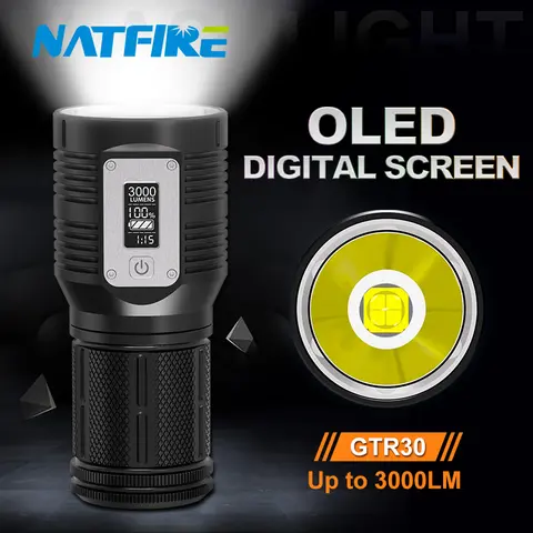 충전식 LED 손전등, 3000 루멘, OLED 디지털 디스플레이, 방수 USB-C 충전, 10400mAh, 파워 뱅크 GTR30 손전등