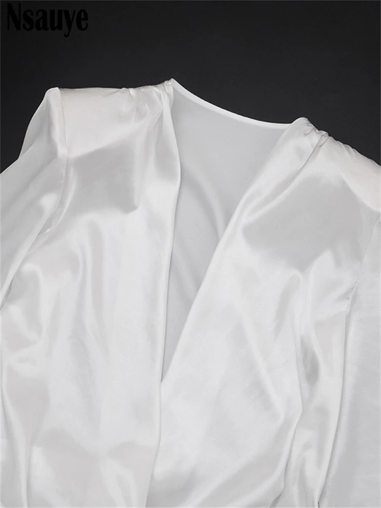 Nsauye 짧은 이브닝 우아한 파티 미니 랩 롱 슬리브 여성 드레스 신상 패션 새틴 2025 겨울 섹시 나이트 클럽 화이트 드레스