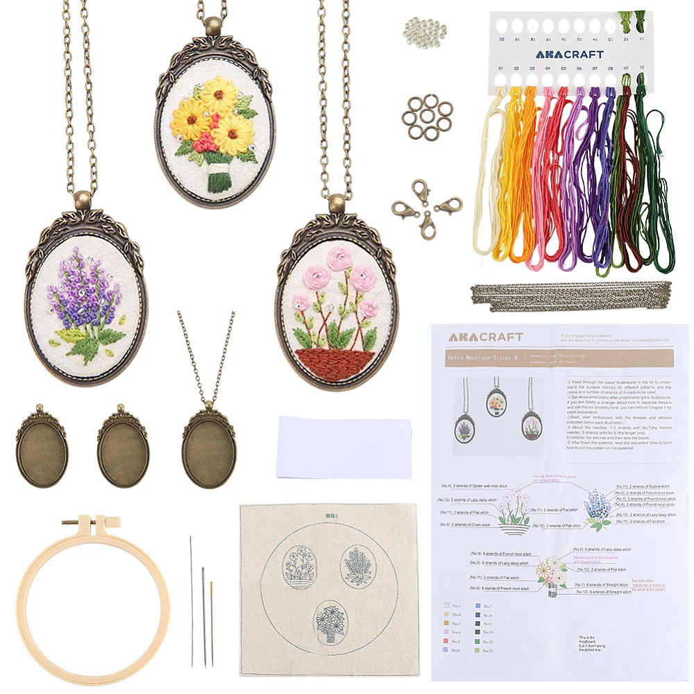 

1 Bag DIY Embroidery Oval with Flower Pattern Pendant Necklace Kits Including Embroidery Cloth Thread Needle Embroidery Hoop