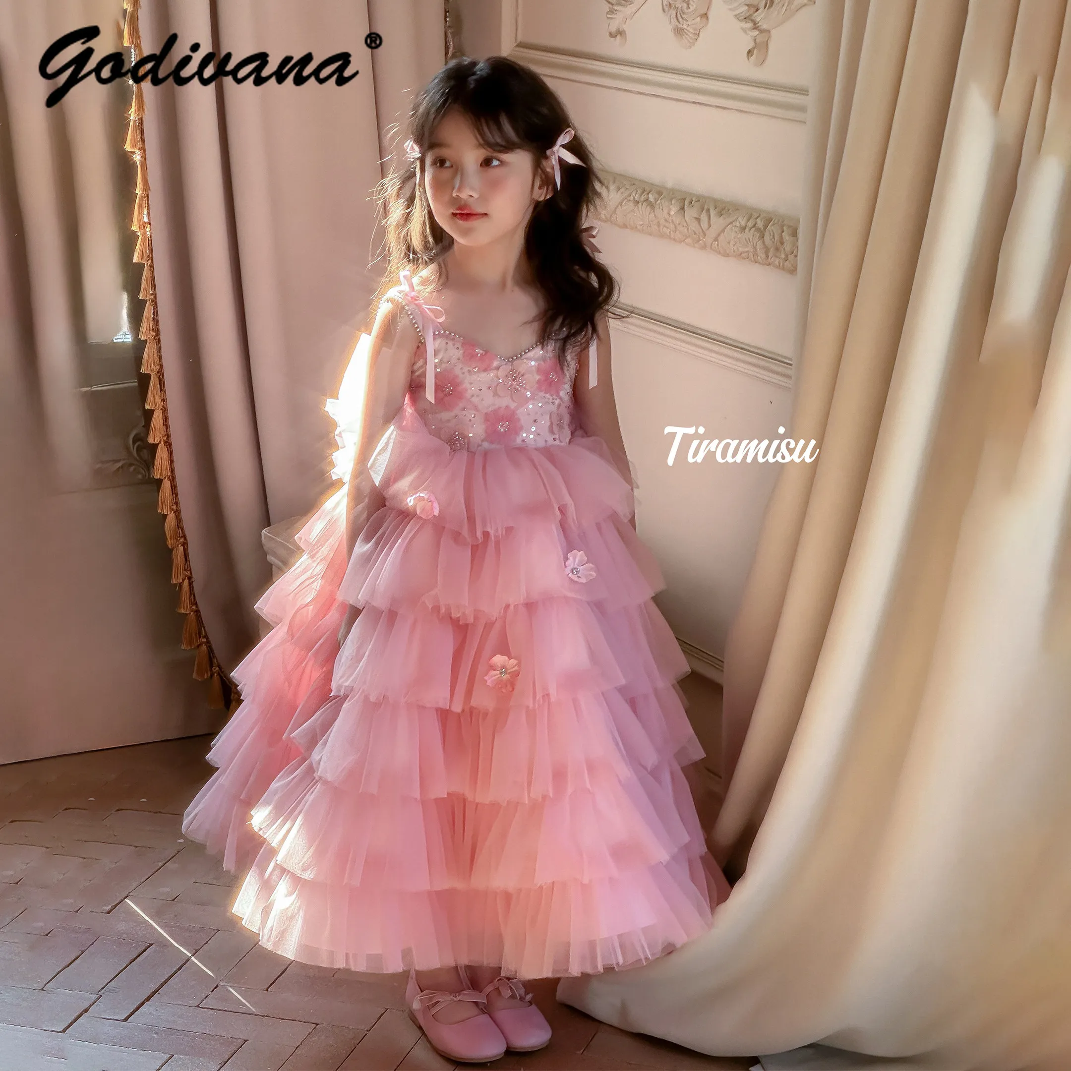 Sweet Baby Girls 2026 New Summer Princess Birthdays Party Gown Babys Mesh Floral Sequin Bow Gradient Pink Maxi Cake Sundress