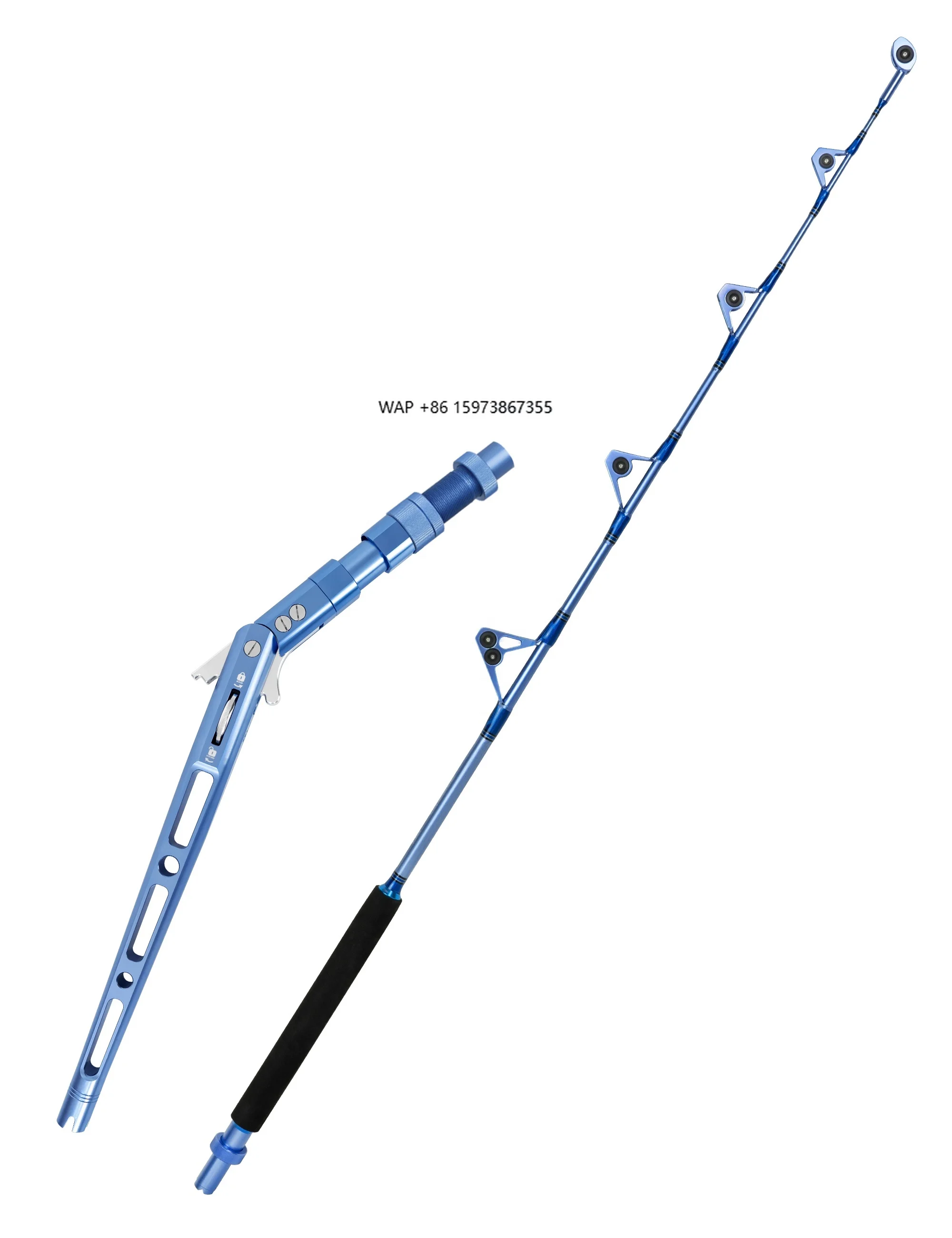 Adjustable offshore fishing rod with curved butt and roller guide for deep sea saltwater fishing