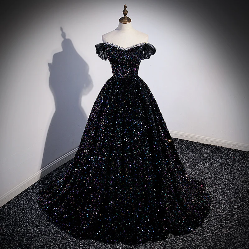 

Newest Starry Black Luxury Prom Dresses For Women Elegant Off The Shoulder A-Line Princess Evening Quinceanera Gowns Corset Back
