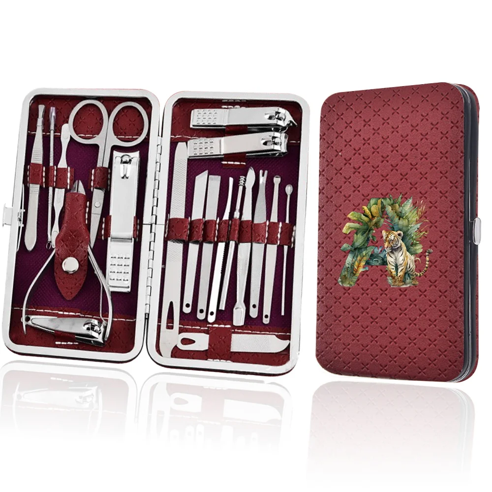 19 Pcs Nail Clippers Set Storage Box Versatile Pedicure Manicure Set Home Nail Trimmers Tools Kit Jungle Tiger Letter Pattern