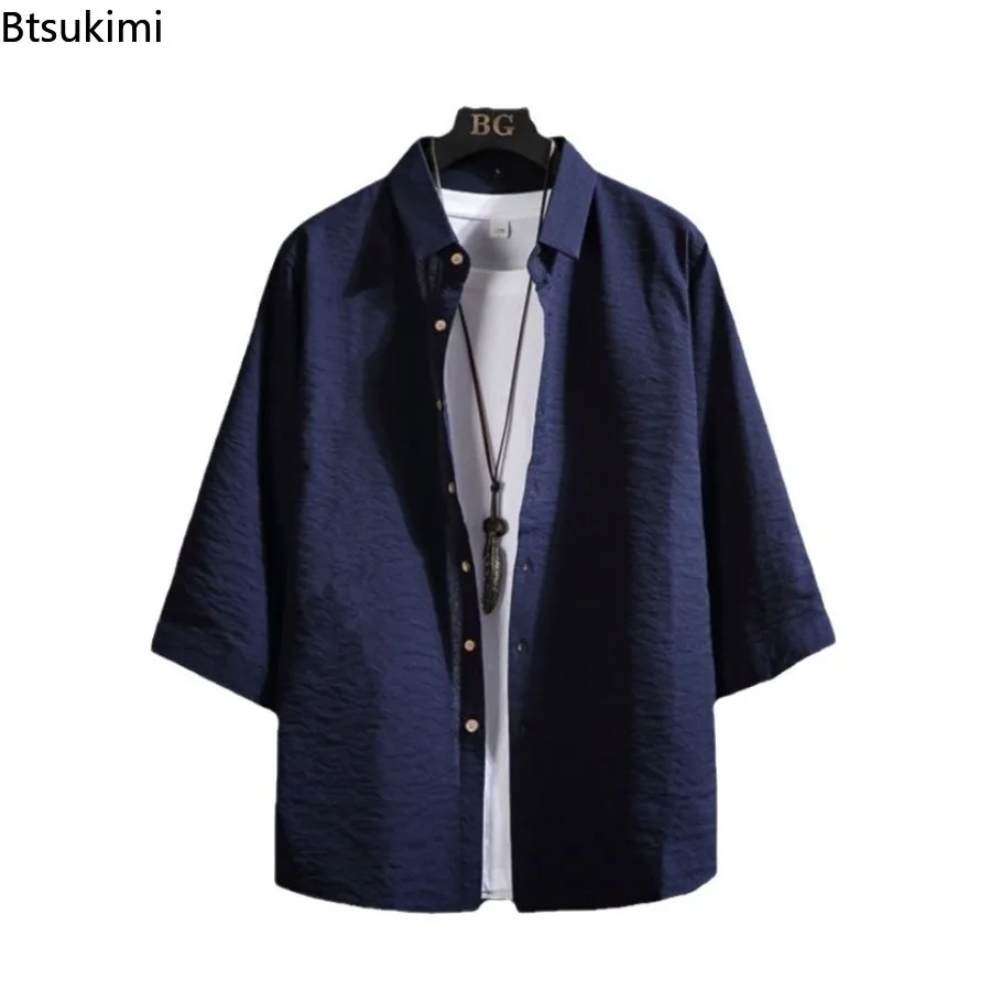 Large Size 7XL Men\'s Loose Casual Shirts Fashion Simple Solid Lapel Cardigan Tops Breathable Versatile Cotton Linen Shirt Coats