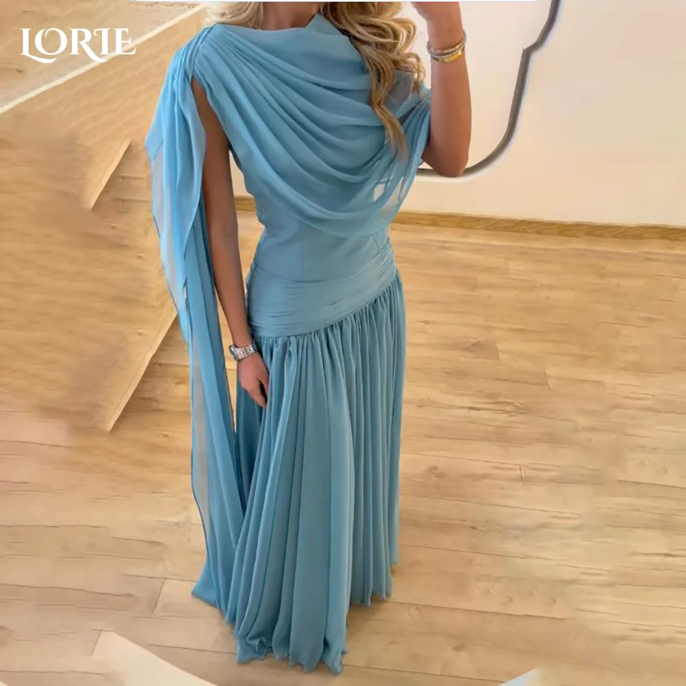 

LORIE Modest Crepe Saudi Party Dress High Collar Shawl A-Line Blue Evening Dresses Prom Dress Pleats Party Gown Club Customized